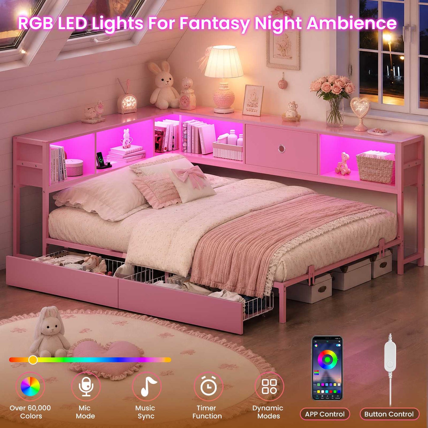 Hasuit | Corner Bed Frame with Storage Bookcase Day Bed with Charging Station and LED Lights Convertible Beds for Kids Teens Pink
