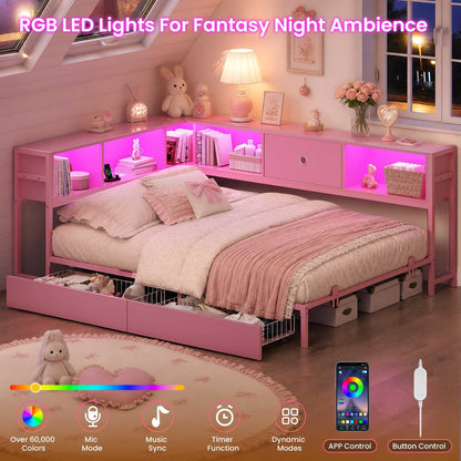Hasuit | Corner Bed Frame with Storage Bookcase Day Bed with Charging Station and LED Lights Convertible Beds for Kids Teens Pink