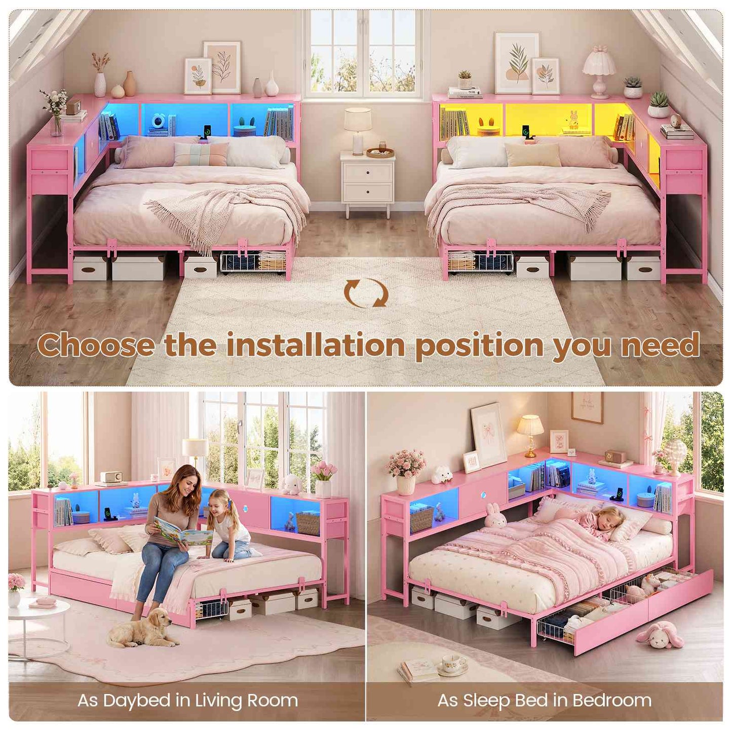 Hasuit | Corner Bed Frame with Storage Bookcase Day Bed with Charging Station and LED Lights Convertible Beds for Kids Teens Pink