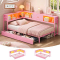 Hasuit | Corner Bed Frame with Storage Bookcase Day Bed with Charging Station and LED Lights Convertible Beds for Kids Teens Pink