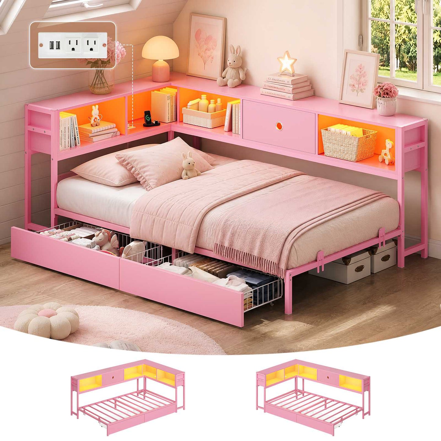 Hasuit | Corner Bed Frame with Storage Bookcase Day Bed with Charging Station and LED Lights Convertible Beds for Kids Teens Pink