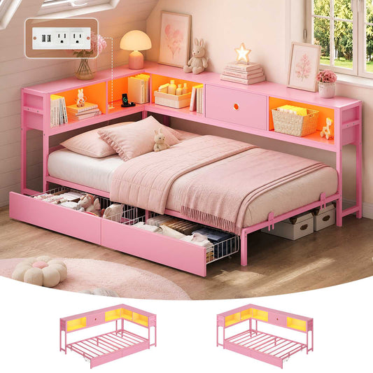 Hasuit | Corner Bed Frame with Storage Bookcase Day Bed with Charging Station and LED Lights Convertible Beds for Kids Teens Pink