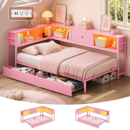 Hasuit | Corner Bed Frame with Storage Bookcase Day Bed with Charging Station and LED Lights Convertible Beds for Kids Teens Pink