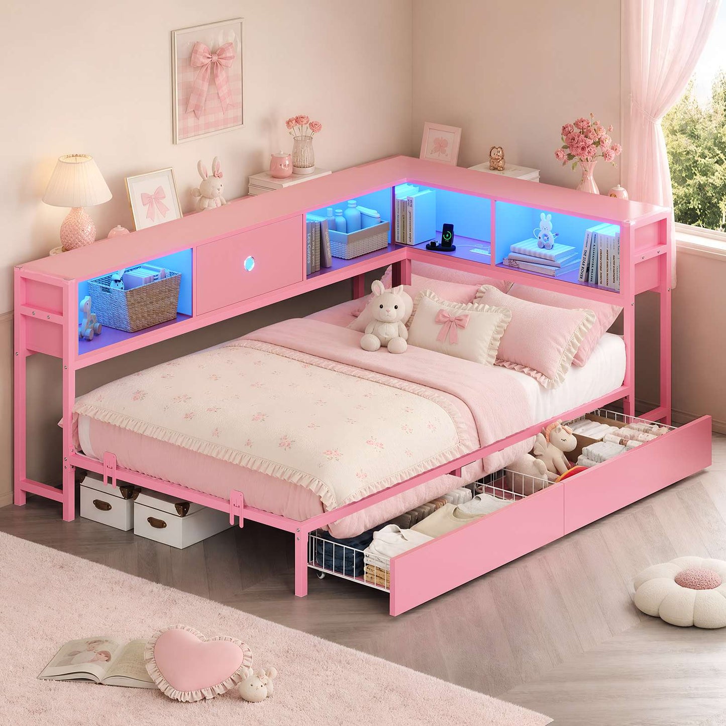 Hasuit | Corner Bed Frame with Storage Bookcase Day Bed with Charging Station and LED Lights Convertible Beds for Kids Teens Pink