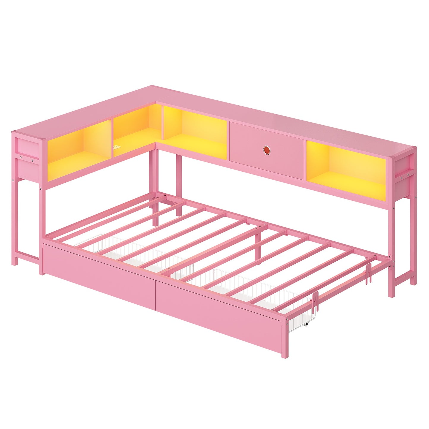 Hasuit | Corner Bed Frame with Storage Bookcase Day Bed with Charging Station and LED Lights Convertible Beds for Kids Teens Pink