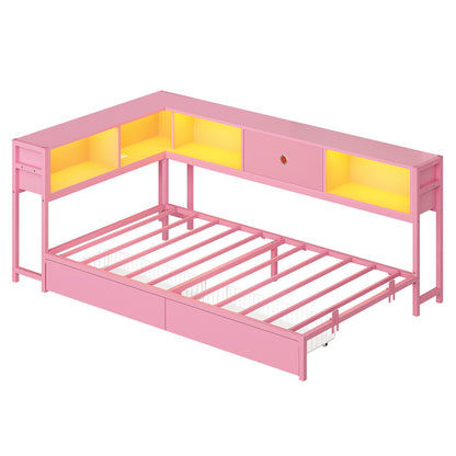 Hasuit | Corner Bed Frame with Storage Bookcase Day Bed with Charging Station and LED Lights Convertible Beds for Kids Teens Pink