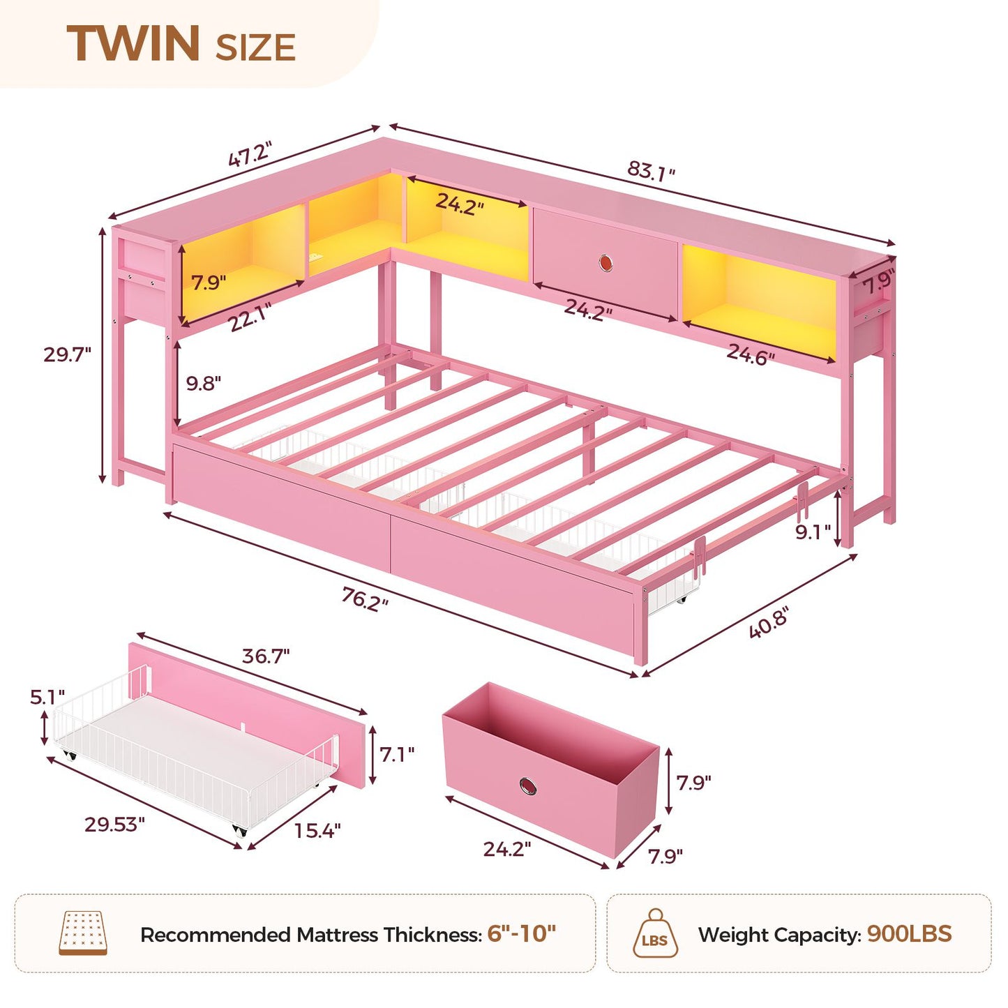 Hasuit | Corner Bed Frame with Storage Bookcase Day Bed with Charging Station and LED Lights Convertible Beds for Kids Teens Pink