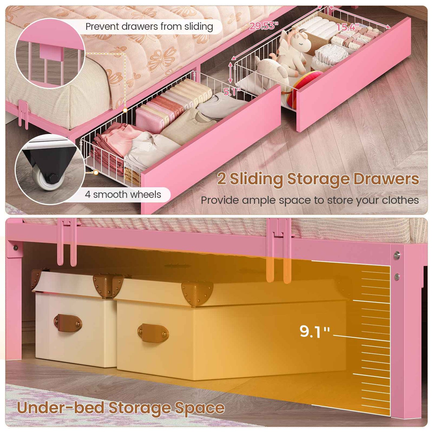 Hasuit | Corner Bed Frame with Storage Bookcase Day Bed with Charging Station and LED Lights Convertible Beds for Kids Teens Pink
