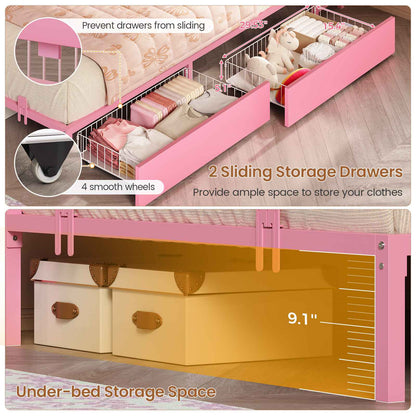 Hasuit | Corner Bed Frame with Storage Bookcase Day Bed with Charging Station and LED Lights Convertible Beds for Kids Teens Pink