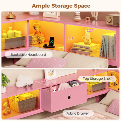 Hasuit | Corner Bed Frame with Storage Bookcase Day Bed with Charging Station and LED Lights Convertible Beds for Kids Teens Pink