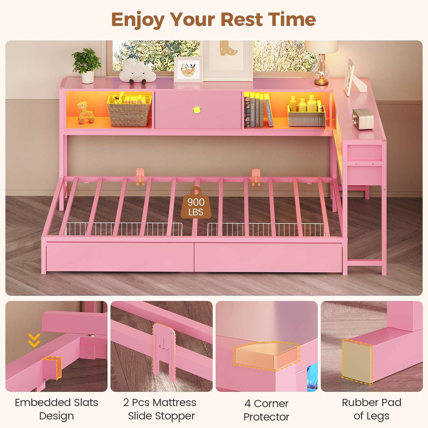 Hasuit | Corner Bed Frame with Storage Bookcase Day Bed with Charging Station and LED Lights Convertible Beds for Kids Teens Pink