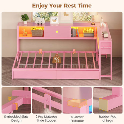 Hasuit | Corner Bed Frame with Storage Bookcase Day Bed with Charging Station and LED Lights Convertible Beds for Kids Teens Pink