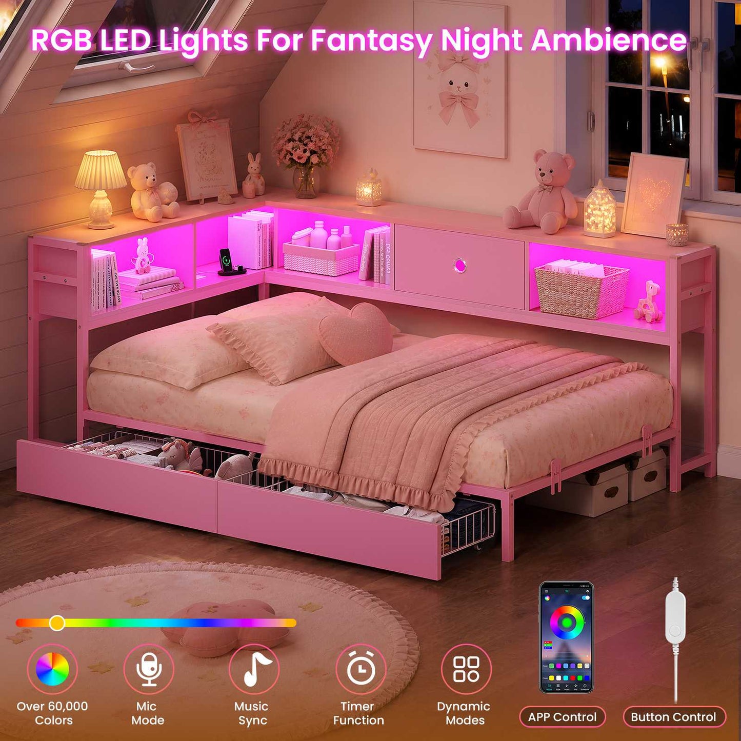 Hasuit | Corner Bed Frame with Storage Bookcase Day Bed with Charging Station and LED Lights Convertible Beds for Kids Teens Pink