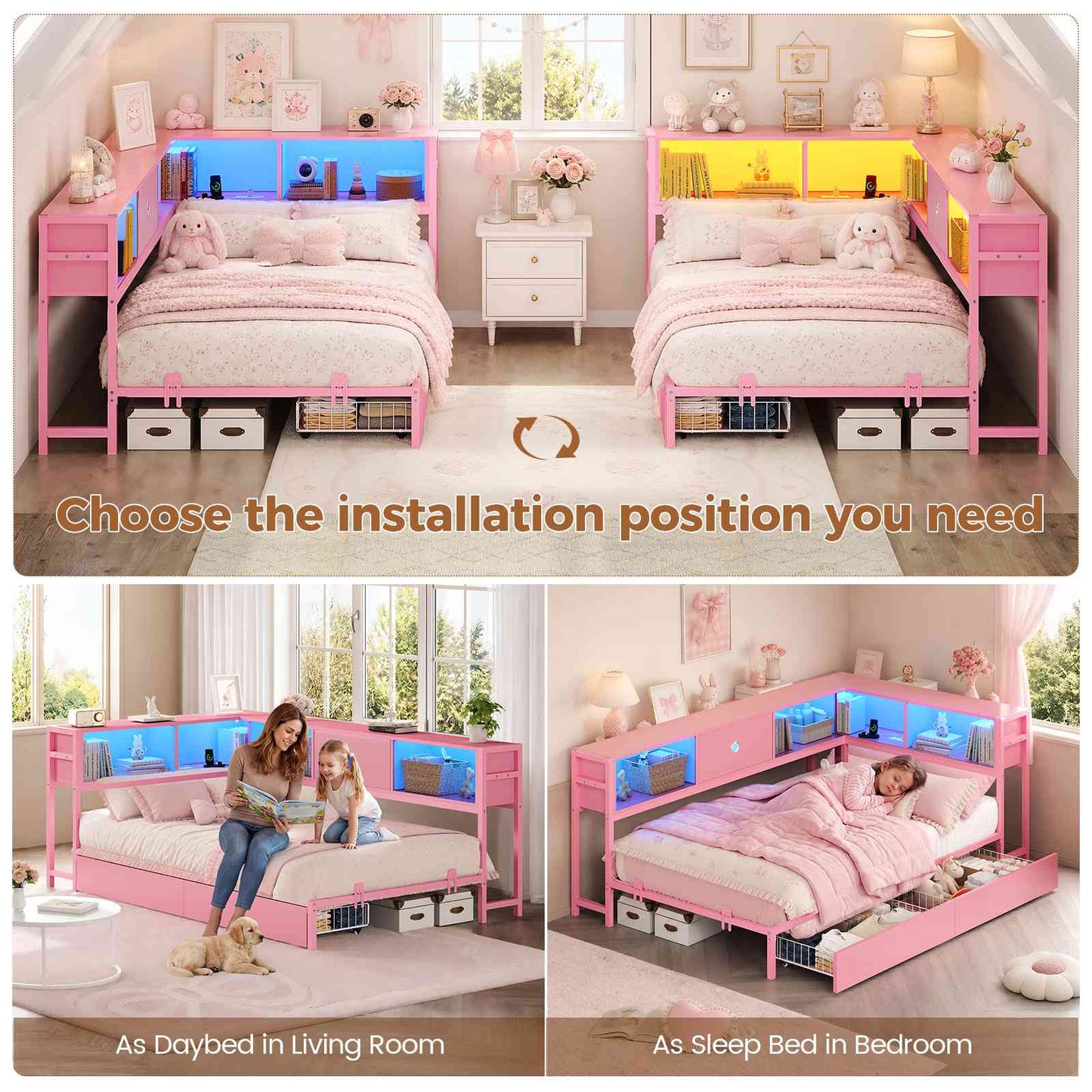 Hasuit | Corner Bed Frame with Storage Bookcase Day Bed with Charging Station and LED Lights Convertible Beds for Kids Teens Pink