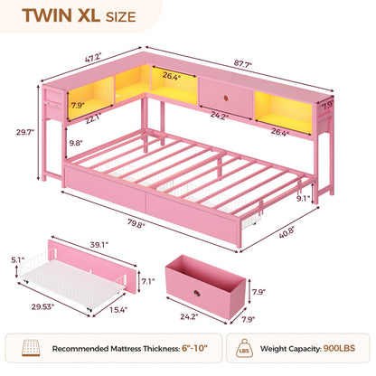 Hasuit | Corner Bed Frame with Storage Bookcase Day Bed with Charging Station and LED Lights Convertible Beds for Kids Teens Pink