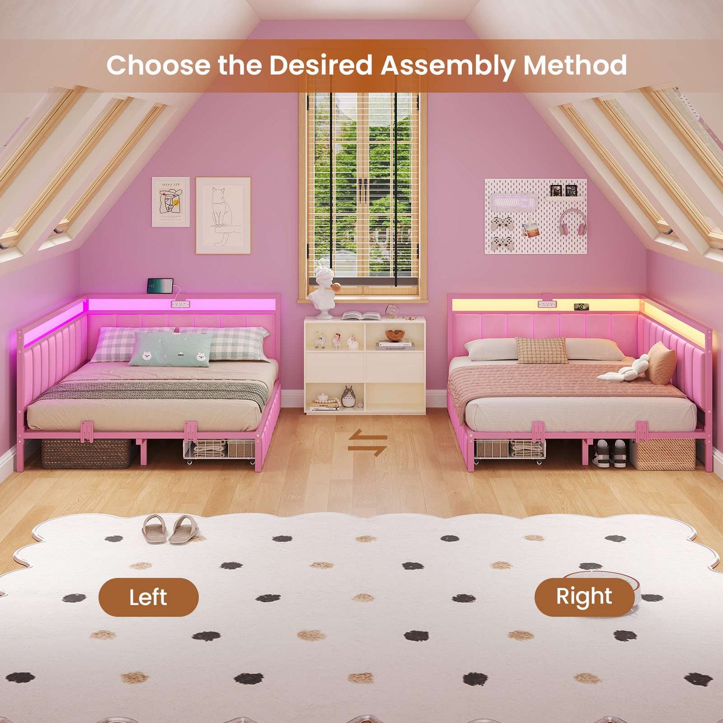 Hasuit | Corner Bed Frame with Storage Drawers Daybed with Line Fabric Upholstered Fence Kids Bed with LED Light and Charging Station Pink