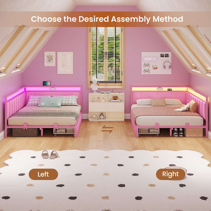Hasuit | Corner Bed Frame with Storage Drawers Daybed with Line Fabric Upholstered Fence Kids Bed with LED Light and Charging Station Pink