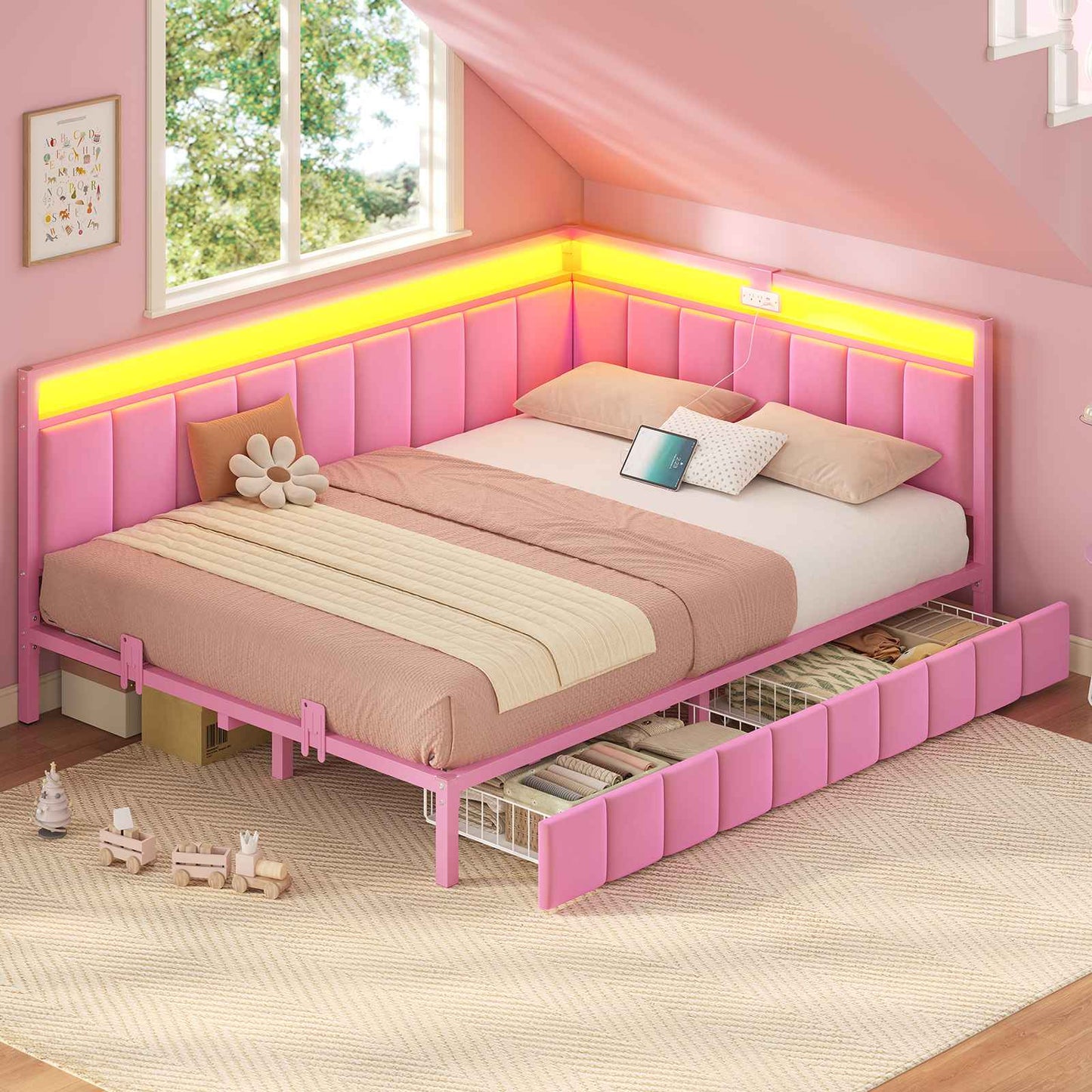 Hasuit | Corner Bed Frame with Storage Drawers Daybed with Line Fabric Upholstered Fence Kids Bed with LED Light and Charging Station Pink