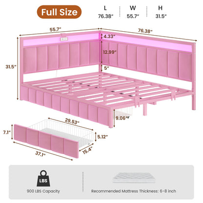 Hasuit | Corner Bed Frame with Storage Drawers Daybed with Line Fabric Upholstered Fence Kids Bed with LED Light and Charging Station Pink