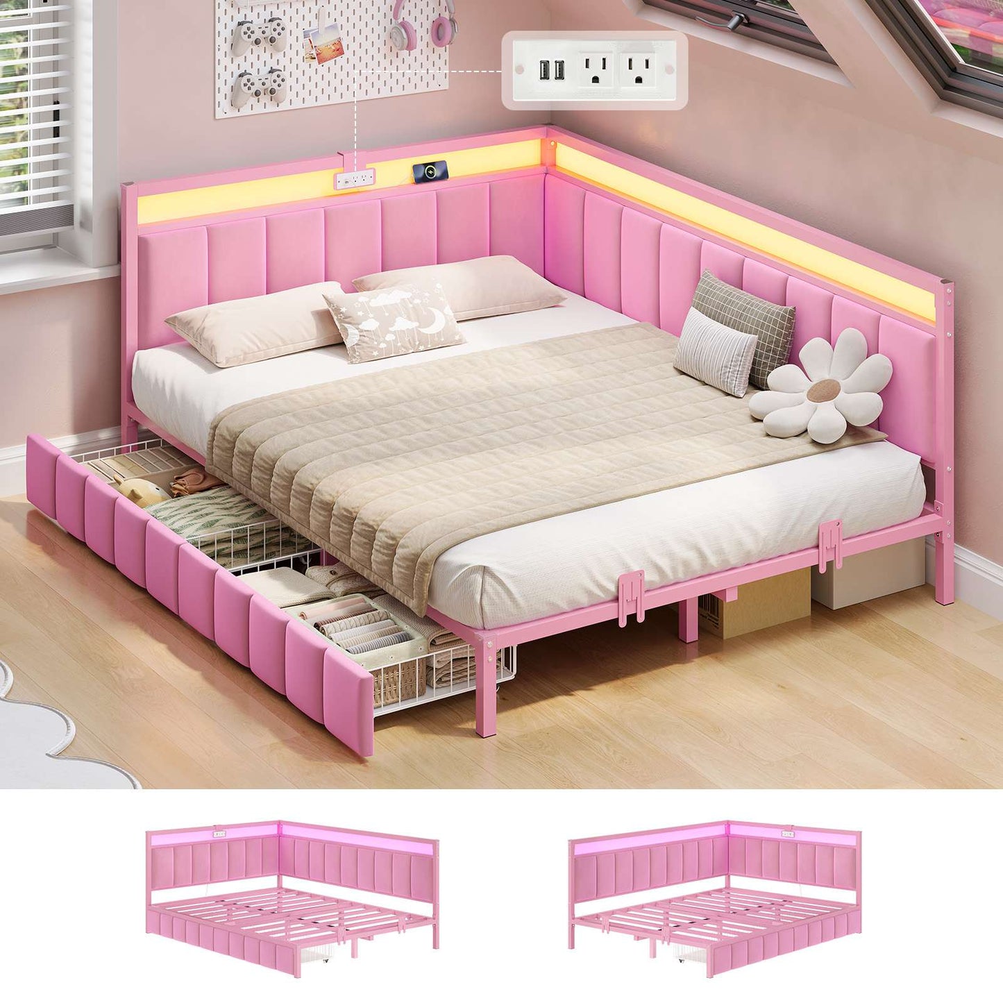 Hasuit | Corner Bed Frame with Storage Drawers Daybed with Line Fabric Upholstered Fence Kids Bed with LED Light and Charging Station Pink