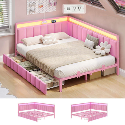 Hasuit | Corner Bed Frame with Storage Drawers Daybed with Line Fabric Upholstered Fence Kids Bed with LED Light and Charging Station Pink