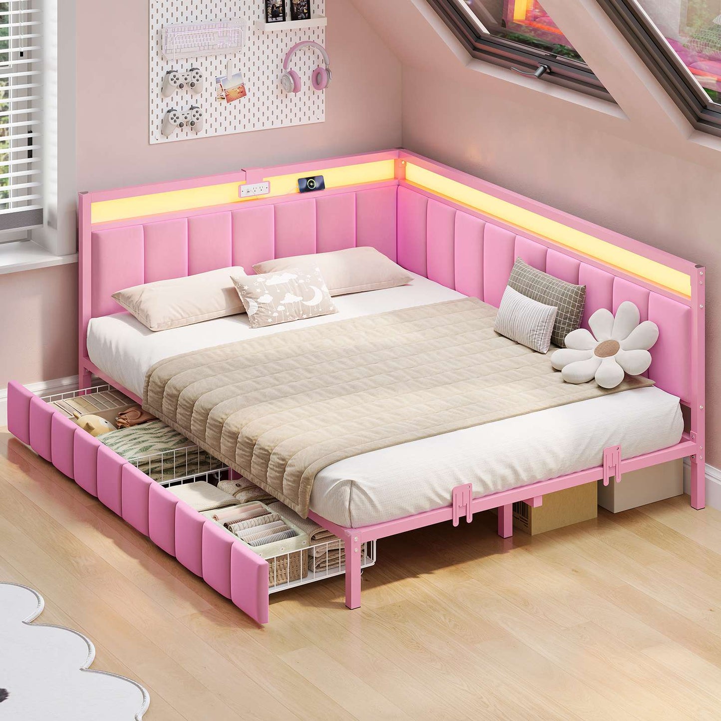 Hasuit | Corner Bed Frame with Storage Drawers Daybed with Line Fabric Upholstered Fence Kids Bed with LED Light and Charging Station Pink