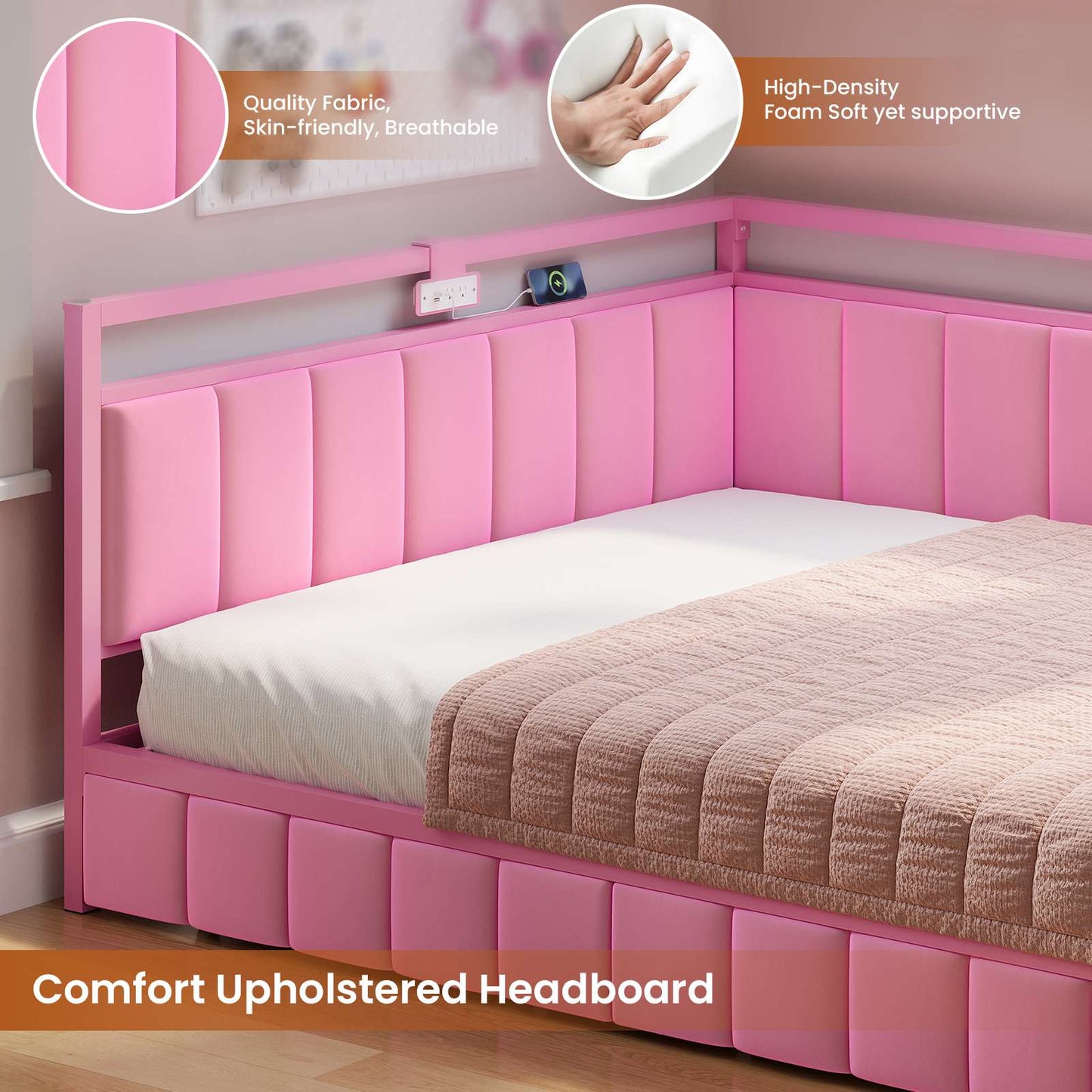Hasuit | Corner Bed Frame with Storage Drawers Daybed with Line Fabric Upholstered Fence Kids Bed with LED Light and Charging Station Pink