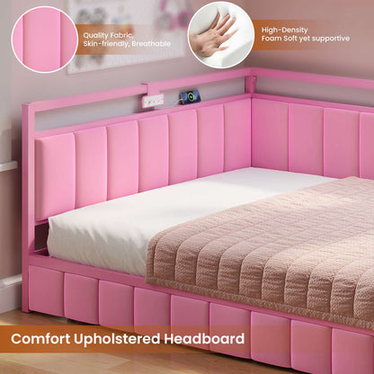 Hasuit | Corner Bed Frame with Storage Drawers Daybed with Line Fabric Upholstered Fence Kids Bed with LED Light and Charging Station Pink
