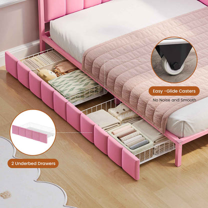 Hasuit | Corner Bed Frame with Storage Drawers Daybed with Line Fabric Upholstered Fence Kids Bed with LED Light and Charging Station Pink