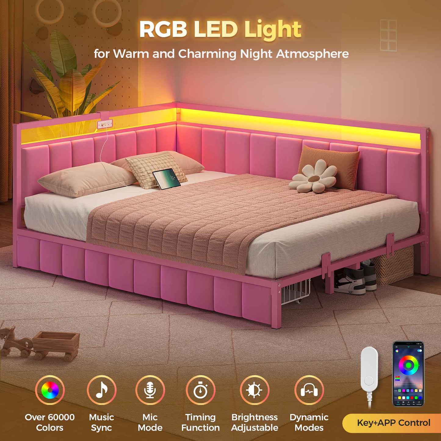 Hasuit | Corner Bed Frame with Storage Drawers Daybed with Line Fabric Upholstered Fence Kids Bed with LED Light and Charging Station Pink