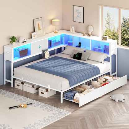 Hasuit | Corner Bed Frame with Storage Drawers and Bookcase Headboard Metal Platform Day Bed with Charging Station and LED Lights White