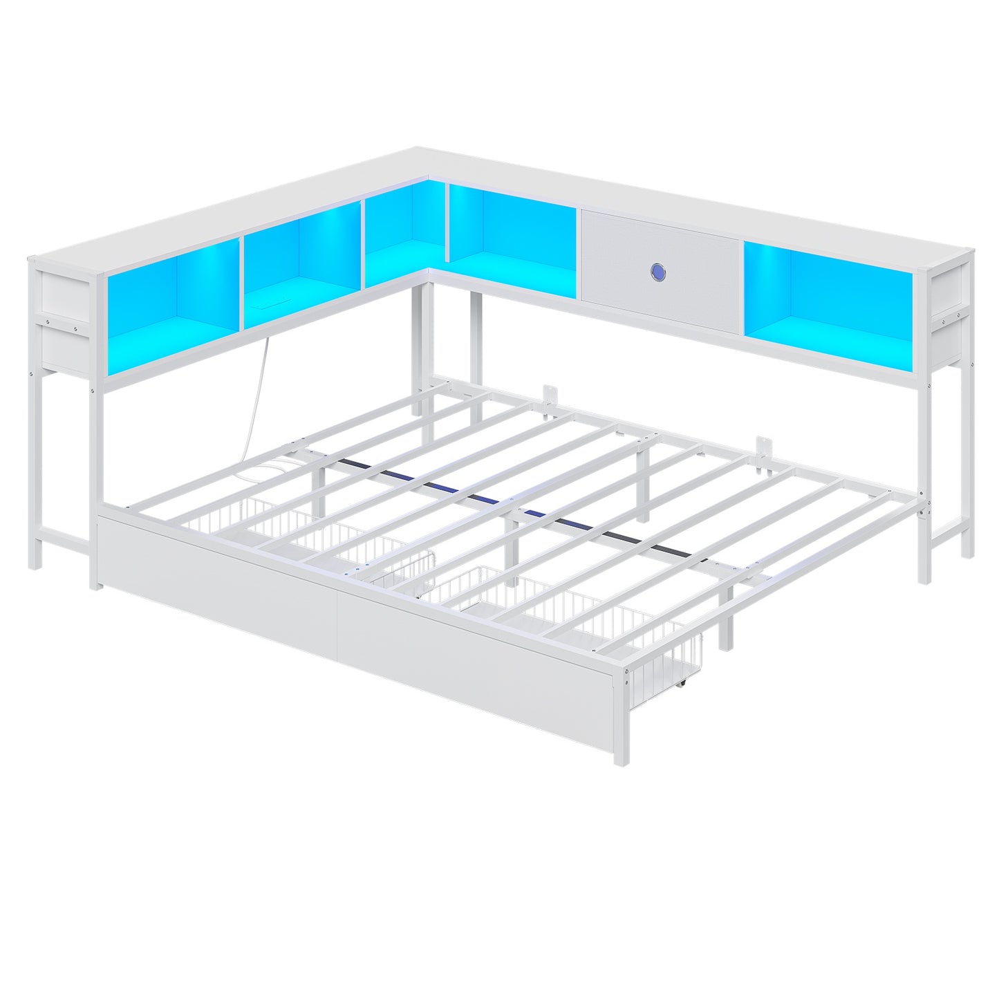 Hasuit | Corner Bed Frame with Storage Drawers and Bookcase Headboard Metal Platform Day Bed with Charging Station and LED Lights White