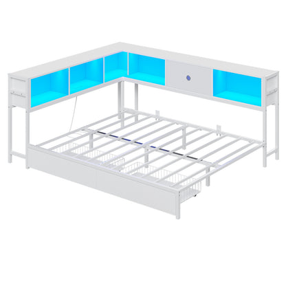 Hasuit | Corner Bed Frame with Storage Drawers and Bookcase Headboard Metal Platform Day Bed with Charging Station and LED Lights White