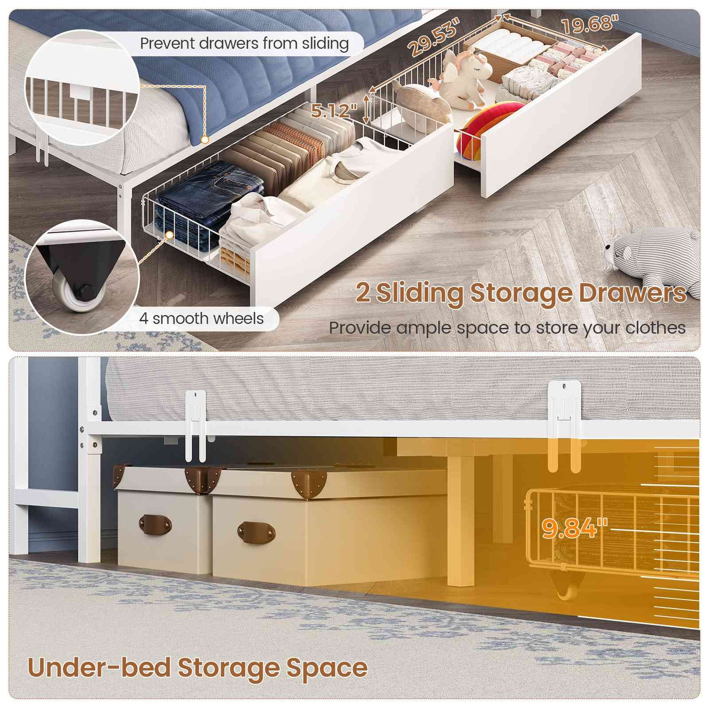 Hasuit | Corner Bed Frame with Storage Drawers and Bookcase Headboard Metal Platform Day Bed with Charging Station and LED Lights White
