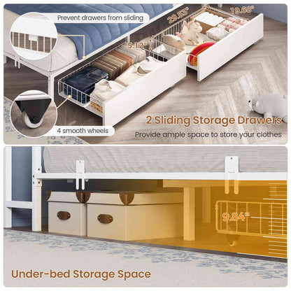 Hasuit | Corner Bed Frame with Storage Drawers and Bookcase Headboard Metal Platform Day Bed with Charging Station and LED Lights White