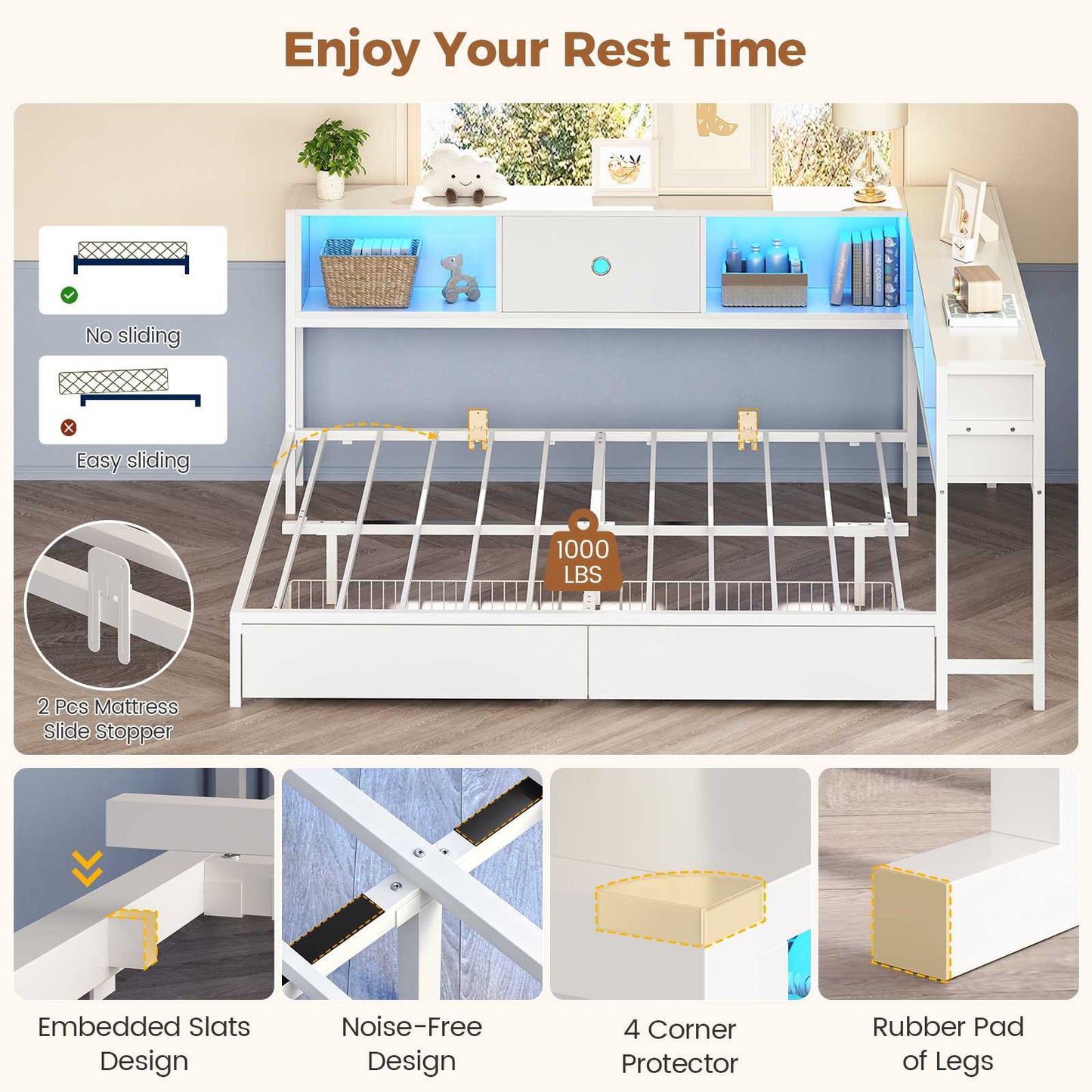 Hasuit | Corner Bed Frame with Storage Drawers and Bookcase Headboard Metal Platform Day Bed with Charging Station and LED Lights White