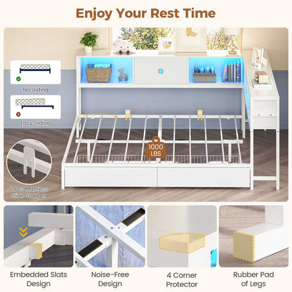 Hasuit | Corner Bed Frame with Storage Drawers and Bookcase Headboard Metal Platform Day Bed with Charging Station and LED Lights White