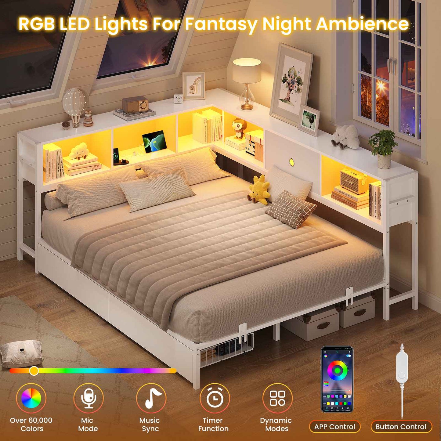 Hasuit | Corner Bed Frame with Storage Drawers and Bookcase Headboard Metal Platform Day Bed with Charging Station and LED Lights White
