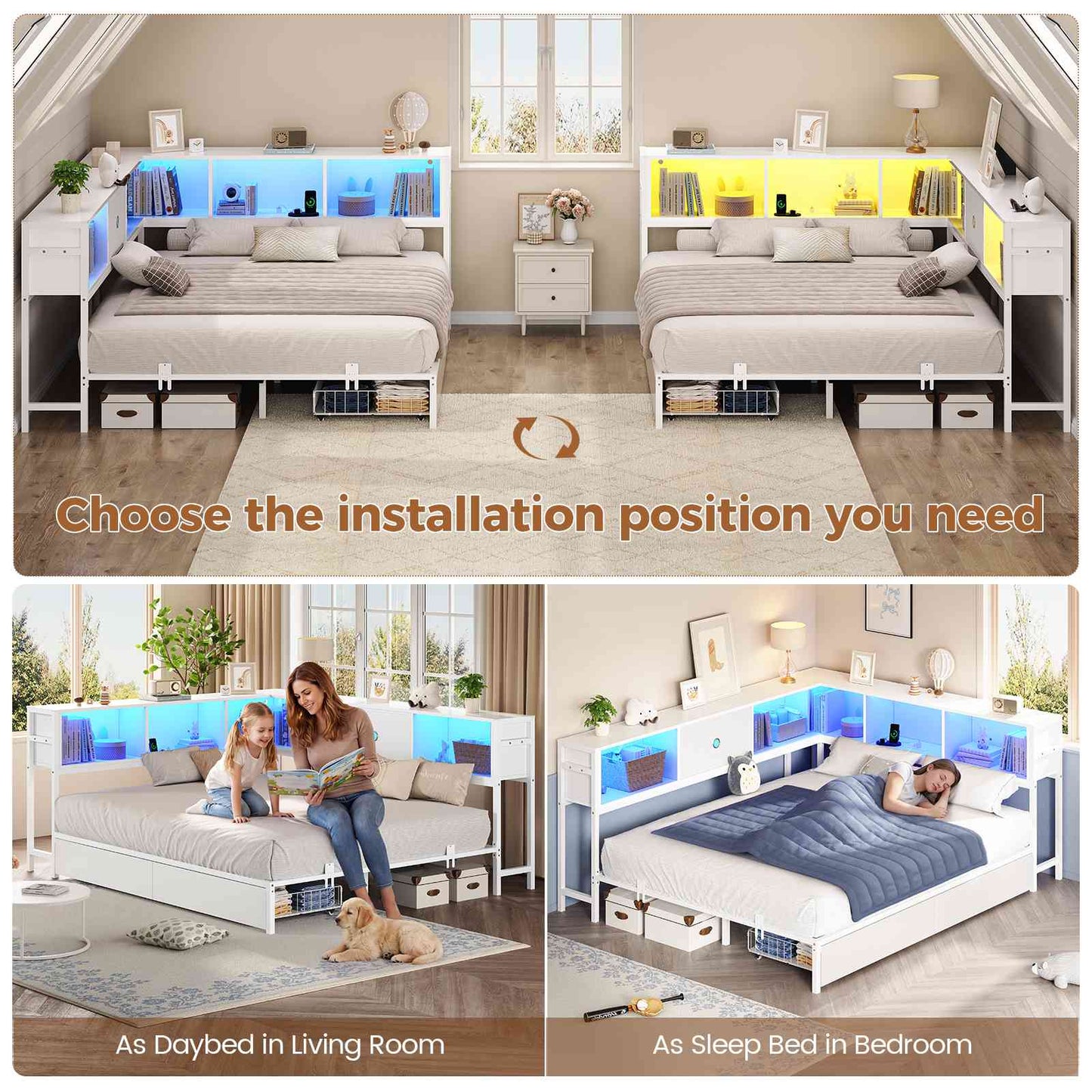 Hasuit | Corner Bed Frame with Storage Drawers and Bookcase Headboard Metal Platform Day Bed with Charging Station and LED Lights White