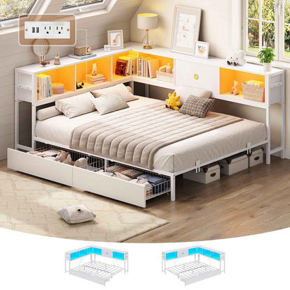 Hasuit | Corner Bed Frame with Storage Drawers and Bookcase Headboard Metal Platform Day Bed with Charging Station and LED Lights White
