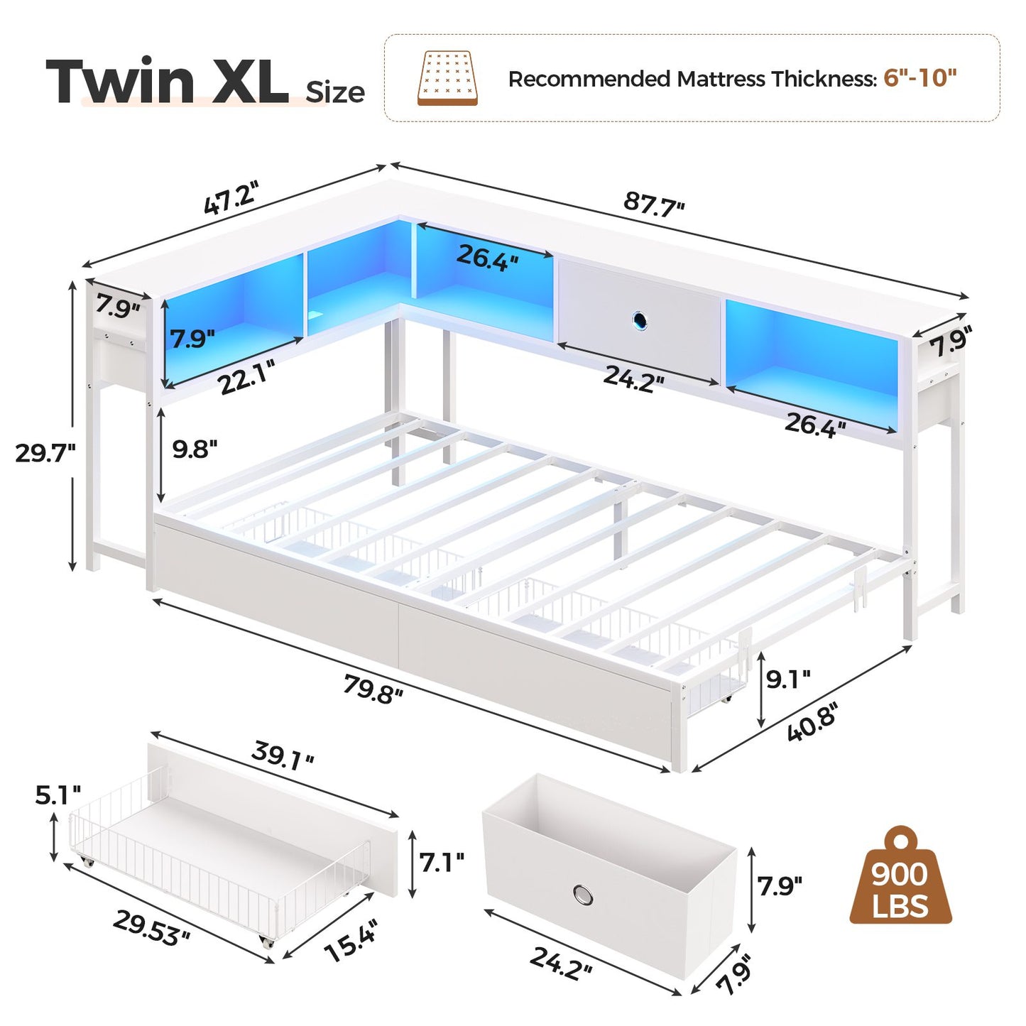 Hasuit | Corner Bed Frame with Storage Drawers and Bookcase Headboard Metal Platform Day Bed with Charging Station and LED Lights White