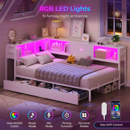 Hasuit | Corner Bed Frame with Storage Drawers and Bookcase Headboard Metal Platform Day Bed with Charging Station and LED Lights White