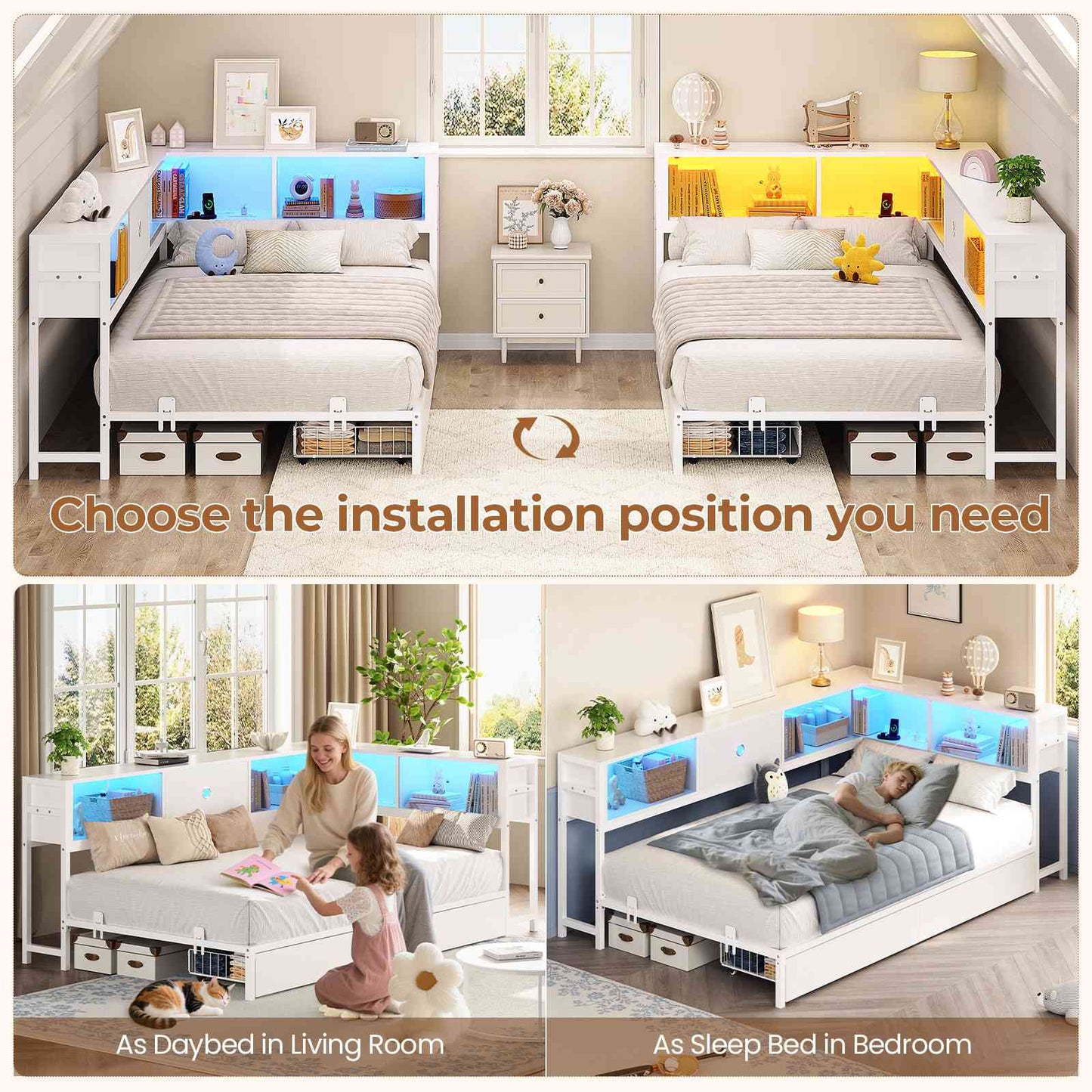 Hasuit | Corner Bed Frame with Storage Drawers and Bookcase Headboard Metal Platform Day Bed with Charging Station and LED Lights White