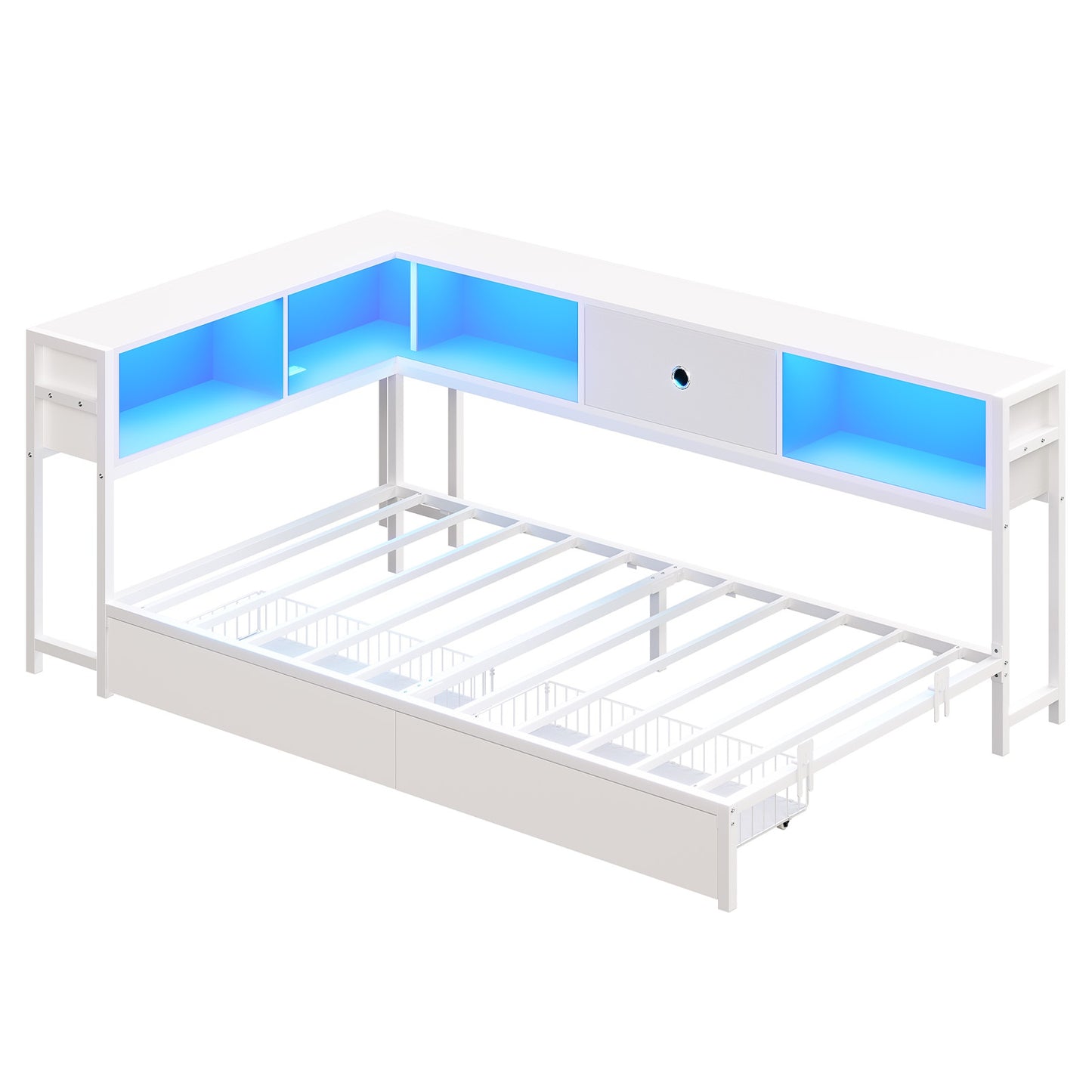 Hasuit | Corner Bed Frame with Storage Drawers and Bookcase Headboard Metal Platform Day Bed with Charging Station and LED Lights White