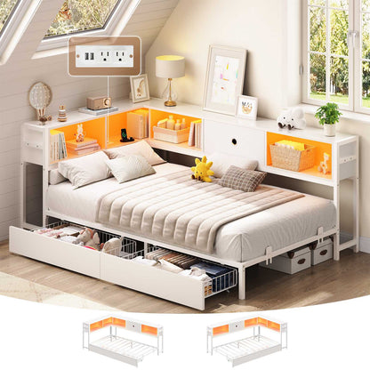 Hasuit | Corner Bed Frame with Storage Drawers and Bookcase Headboard Metal Platform Day Bed with Charging Station and LED Lights White