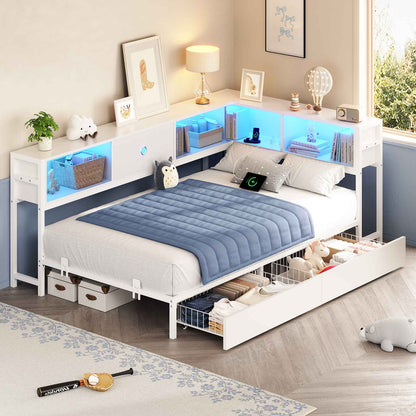 Hasuit | Corner Bed Frame with Storage Drawers and Bookcase Headboard Metal Platform Day Bed with Charging Station and LED Lights White