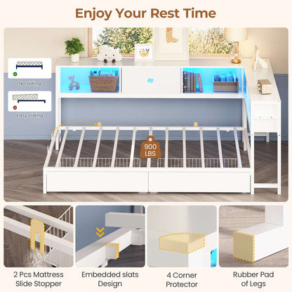 Hasuit | Corner Bed Frame with Storage Drawers and Bookcase Headboard Metal Platform Day Bed with Charging Station and LED Lights White