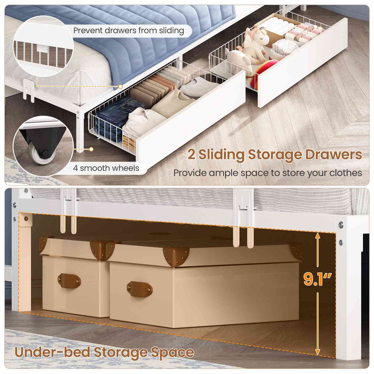 Hasuit | Corner Bed Frame with Storage Drawers and Bookcase Headboard Metal Platform Day Bed with Charging Station and LED Lights White