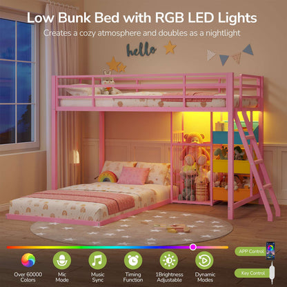 Hasuit | Bunk Bed Twin Over Twin Size with Large Toy Storage Organizer and 3 Bins L Shaped Bunk Beds with LED Lights