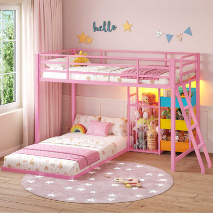 Hasuit | Bunk Bed Twin Over Twin Size with Large Toy Storage Organizer and 3 Bins L Shaped Bunk Beds with LED Lights
